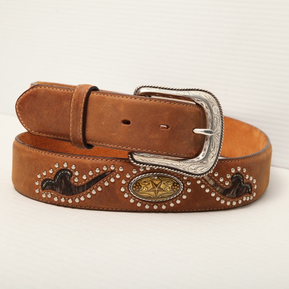 Tony Lama Western Belt Mens 42 Brown Leather Studded Hair-on-Hide Star C40719